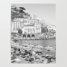 Amalfi Coast Beach Photo | Black And White Travel Photography Art Print | Summer In Italy Poster