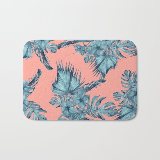 Dreaming of Hawaii Teal Blue on Coral Pink Bath Mat