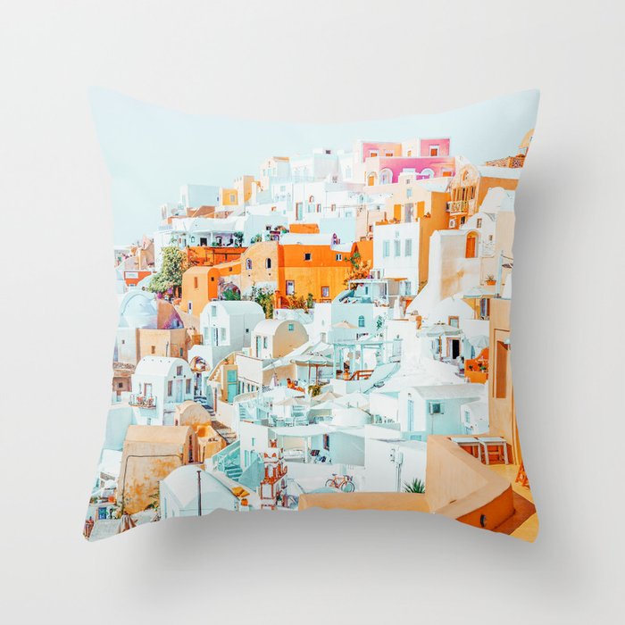 Santorini Vacay | Greece Summer Travel Architecture Buildings | Pastel Beachy Cityscape Photography Throw Pillow