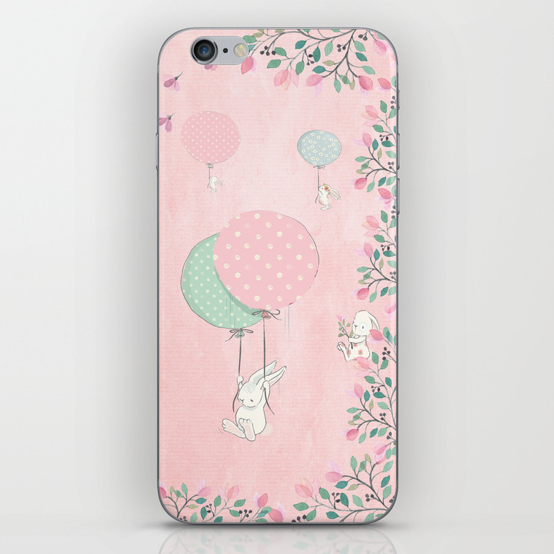 cute flying bunny with balloon and flower rabbit animal on pink floral background iphone skin by betterhome society6 society6