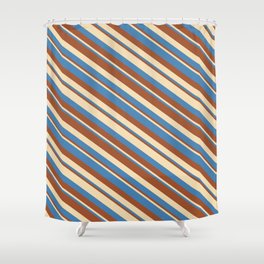 [ Thumbnail: Tan, Blue & Sienna Colored Stripes/Lines Pattern Shower Curtain ]