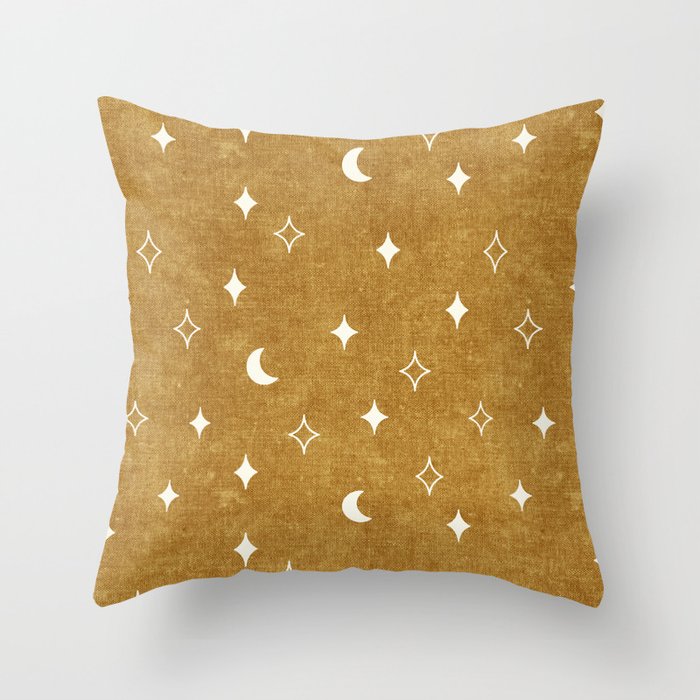 moon and stars - mustard Throw Pillow