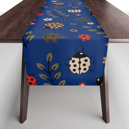 Ladybug and Floral Seamless Pattern on Blue Background Table Runner