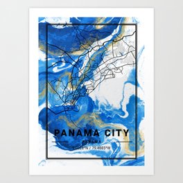 Panama City - Panama Birdweed Marble Map Art Print