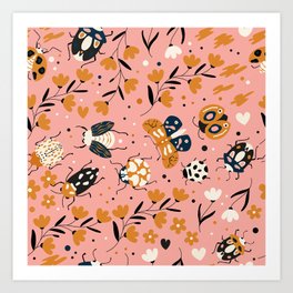 Bugs, moth and florals on pink, pattern Art Print