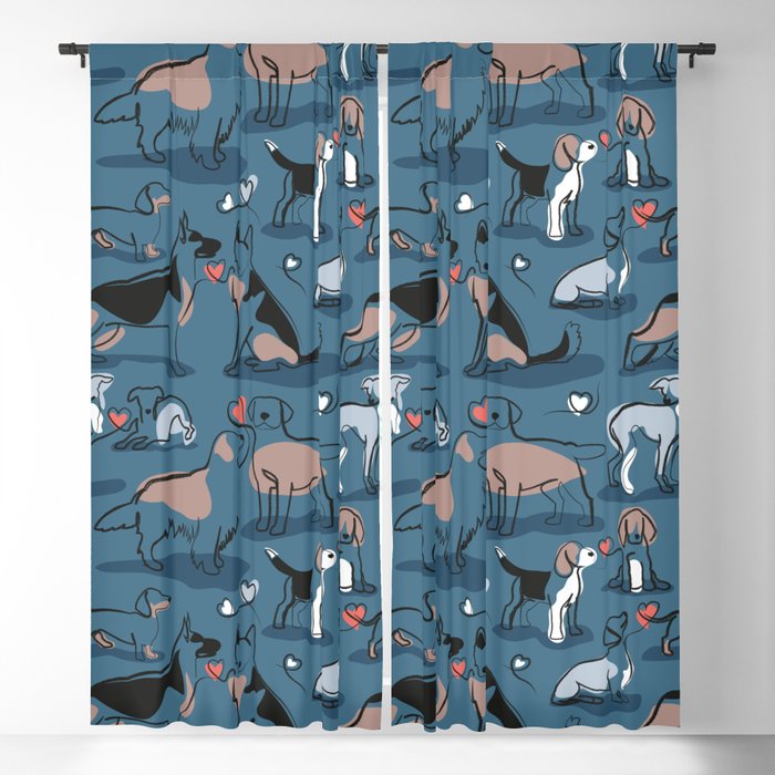 Woof endless love // dark teal background coral hearts continuous lined pair of dog breeds Blackout Curtain