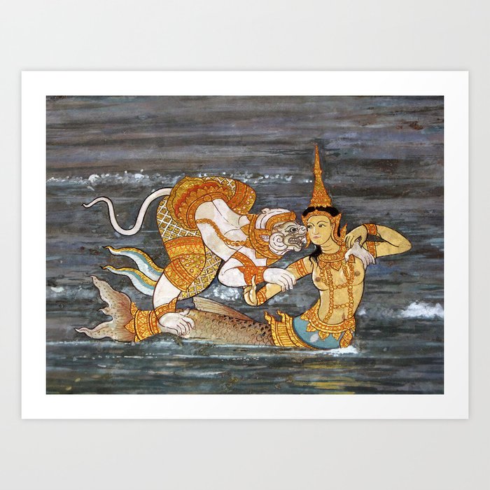 Hanuman and Mermaid Suvannamaccha Thai Ramakien Temple Art Art Print