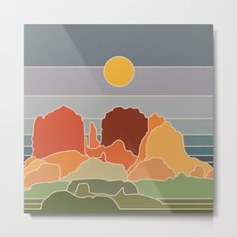 Sedona Line Art in Retro Colors Metal Print | Minimalist, Sunrise, Yellow, Desert, Sedona, Arizona, Redrocks, Minimal, Orange, Sunset 