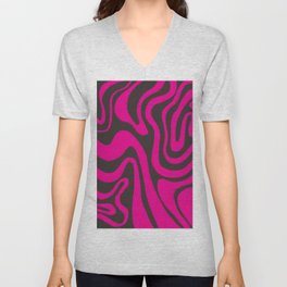 Abstract Liquid Swirl in Vibrant Hot Pink + Chocolate Torte Brown V Neck T Shirt