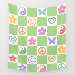 Peace & Love Retro Nostalgia Green Checker Wall Tapestry | Flower, 90S, Floral, Checker, Nature, Retro, Peace, White, Digital, Butterflies 