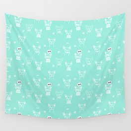 Seafoam and White Hand Drawn Dog Puppy Pattern Wall Tapestry