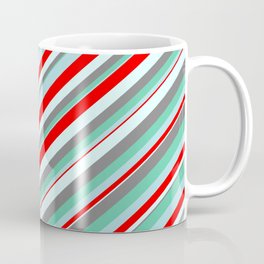 [ Thumbnail: Eyecatching Aquamarine, Powder Blue, Red, Light Cyan, and Gray Colored Lines Pattern Coffee Mug ]