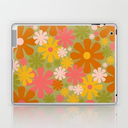 Retro 60s 70s Aesthetic Floral Pattern in Green Pink Yellow Orange Laptop Skin