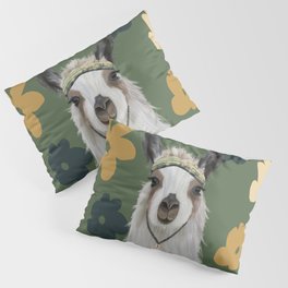 Boho Llama on Retro Pattern Background - Green Pillow Sham