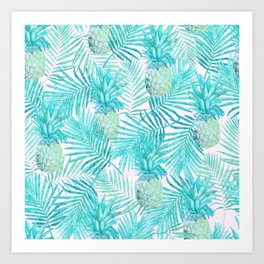 Turquoise Palm Leaves and Pineapples on Pink Art Print