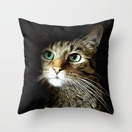 Tabby Cat With Green Eyes Isolated On Black Throw Pillow