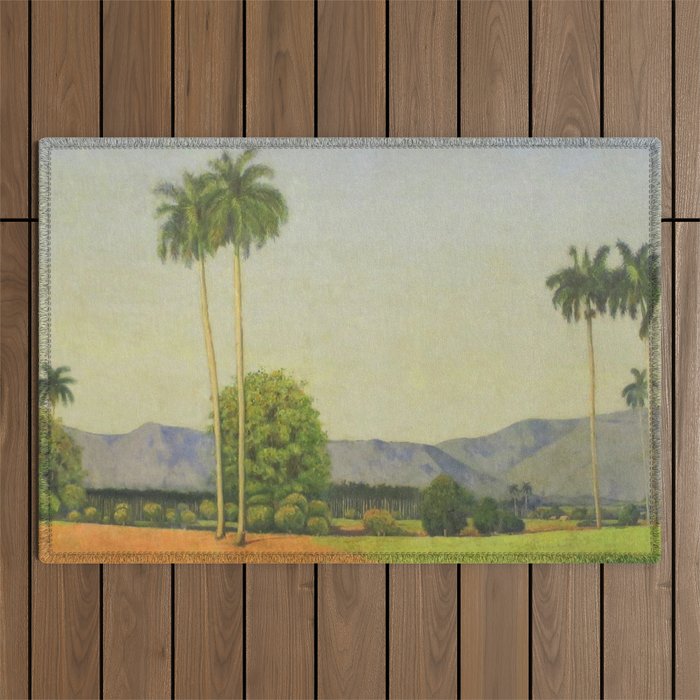 Date Palm Grove and Tropical Island Mountain Landscape with Palms by Domingo Ramos Outdoor Rug