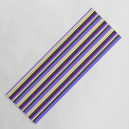 [ Thumbnail: Medium Slate Blue, Tan, Dark Green & Purple Colored Pattern of Stripes Yoga Mat ]