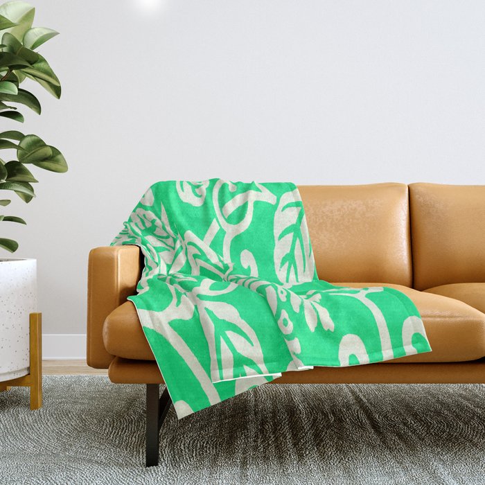 Green Japanese Floral Pattern Throw Blanket