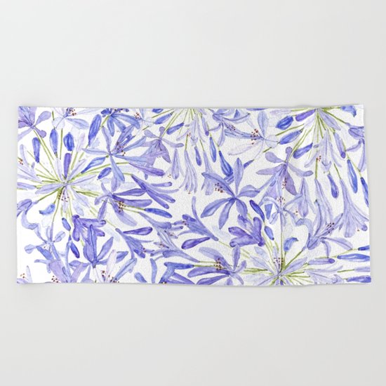 blue purple African lily watercolor painting Beach Towel