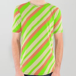 [ Thumbnail: Coral, Chartreuse, and Pale Goldenrod Colored Lined/Striped Pattern All Over Graphic Tee ]