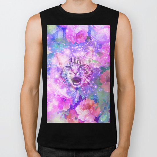 Space Cat | Girly Kitten Cat Romantic Floral Pink Nebula Space Biker Tank