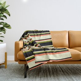 [ Thumbnail: Coral, Light Yellow, Green, and Black Colored Lined/Striped Pattern Throw Blanket ]