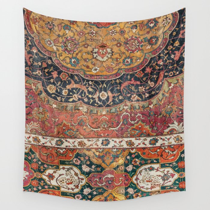 Persian Medallion Rug IX // 16th Century Distressed Red Green Blue Flowery Colorful Ornate Pattern Wall Tapestry