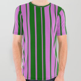 [ Thumbnail: Orchid & Dark Green Colored Striped Pattern All Over Graphic Tee ]