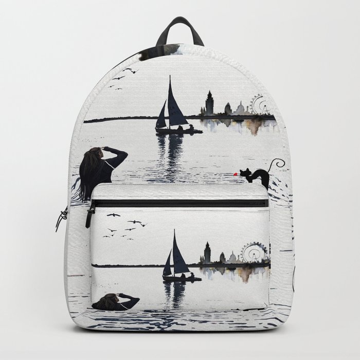 Sail Away Digital Watercolor Art Print with Sailboat and Black Cat Backpack