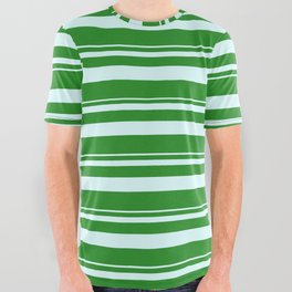 [ Thumbnail: Light Cyan and Forest Green Colored Lined Pattern All Over Graphic Tee ]