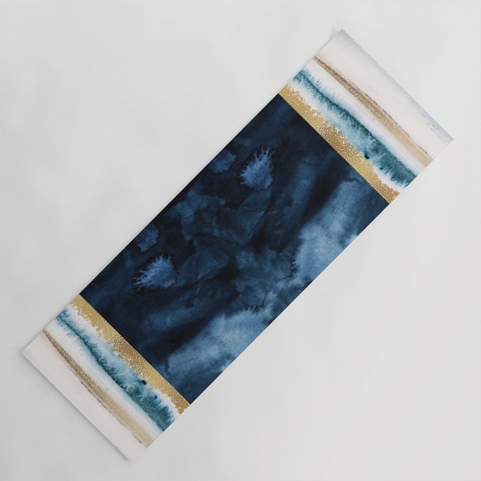 Navy Blue, Gold And White Abstract Watercolor Art Yoga Mat
