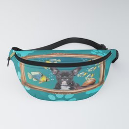 French Bulldog in Frame with fishes and snail - turquoise Fanny Pack