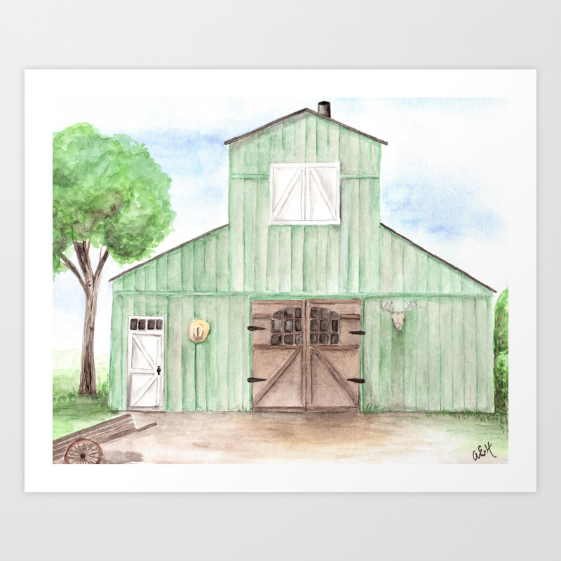 Green Barn Painting Watercolor Country Farm Art Art Print By