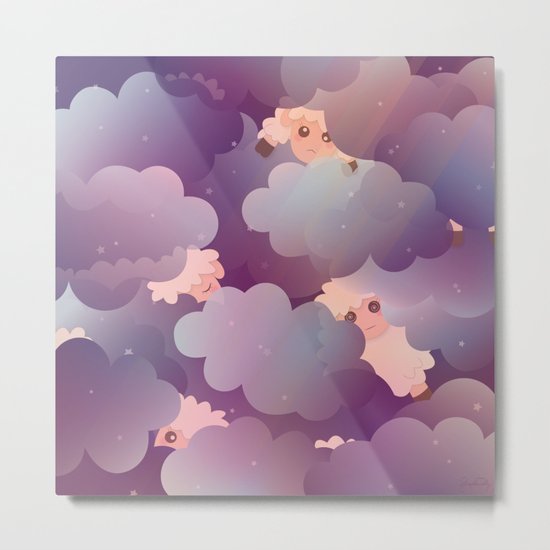 Heavenly Baby Sheep II - Wine Purple / Plum Color, Star Night Sky Background Metal Print