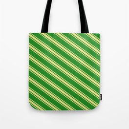 [ Thumbnail: Forest Green & Tan Colored Lines Pattern Tote Bag ]