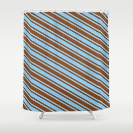 [ Thumbnail: Light Sky Blue & Brown Colored Lined/Striped Pattern Shower Curtain ]