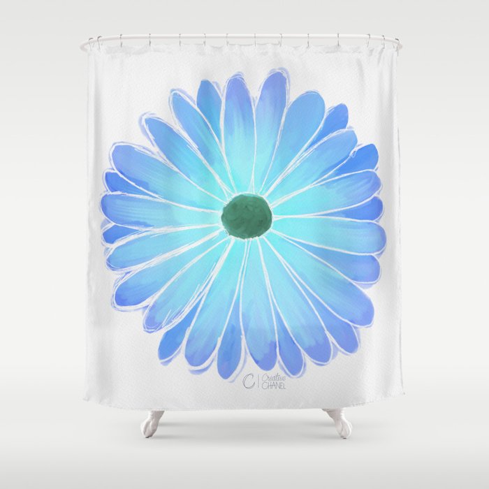 Daisy Watercolor Blue Green Shower Curtain
