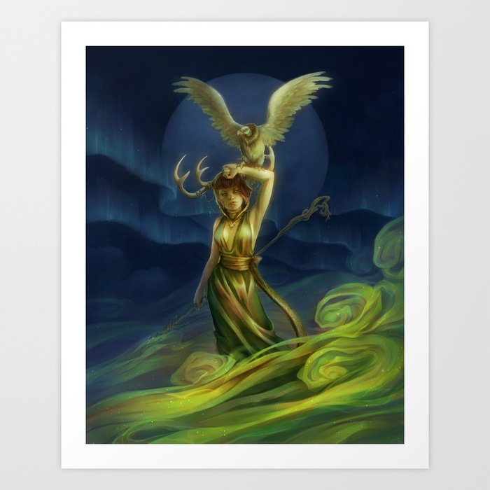 Demon in the Dark Art Print | Painting, Digital, Demon, Antler, Vulture, Mythological, Myth, Magic, Woman, Figure