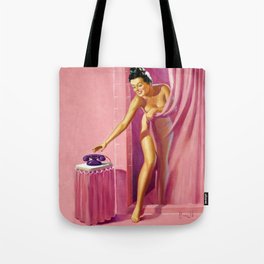 Pin Up Girl in Pink Bathroom Tote Bag