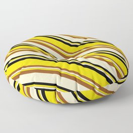 [ Thumbnail: Yellow, Brown, Bisque & Black Colored Pattern of Stripes Floor Pillow ]