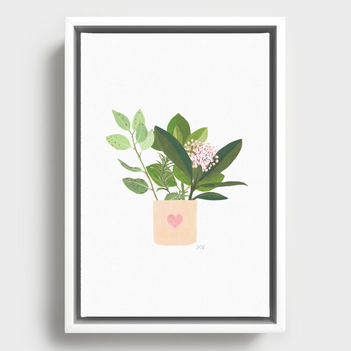 Heart pot bouquet in peach and green Framed Canvas