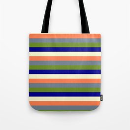 [ Thumbnail: Eye-catching Coral, Slate Gray, Green, Dark Blue & Light Yellow Colored Striped Pattern Tote Bag ]