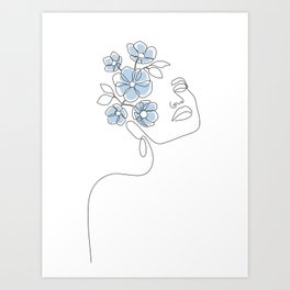 Blue Bloom Girl / woman portrait with flowers in her head Art Print