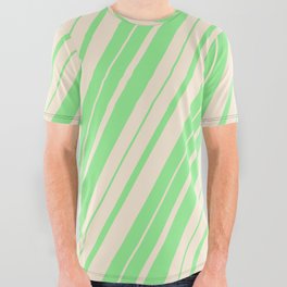 [ Thumbnail: Light Green & Beige Colored Stripes Pattern All Over Graphic Tee ]