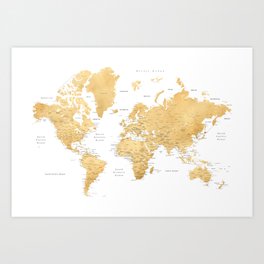 Gold world map with cities Art Print