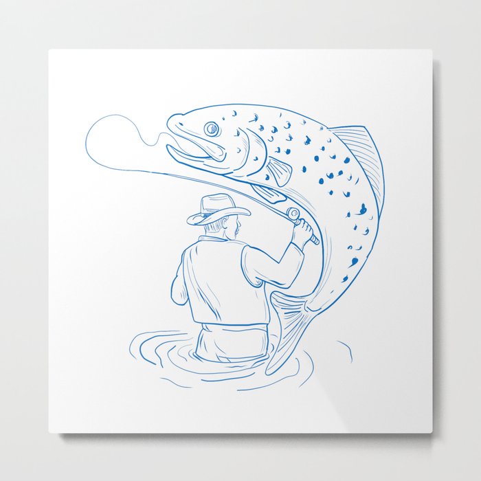 Fly Fisherman Trout Fishing Drawing Metal Print by patrimonio