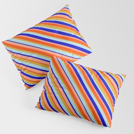[ Thumbnail: Eye-catching Red, Goldenrod, Powder Blue, Blue, and Light Salmon Colored Lined/Striped Pattern Pillow Sham ]