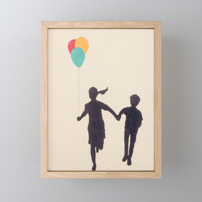 Girl And Boy With Balloons Framed Mini Art Print