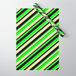 [ Thumbnail: Beige, Black & Lime Colored Lined/Striped Pattern Wrapping Paper ]